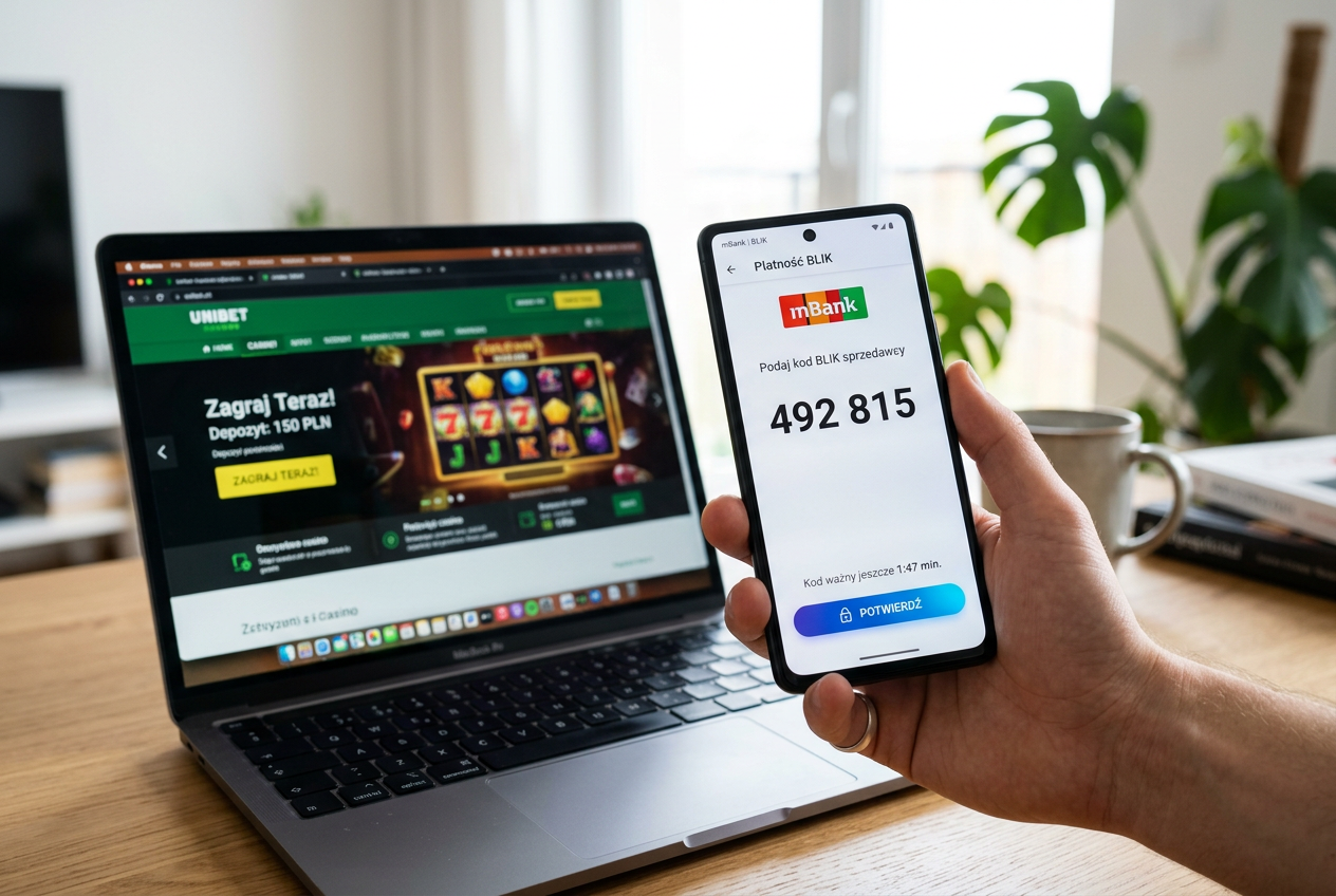 Osoba korzystająca z aplikacji bankowej w smartfonie do wygenerowania kodu BLIK w celu doładowania konta w kasynie online