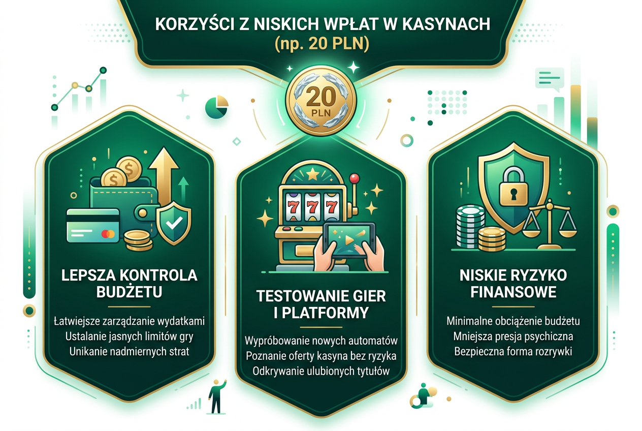 Infografika przedstawiająca korzyści płynące z niskiego depozytu w kasynie online