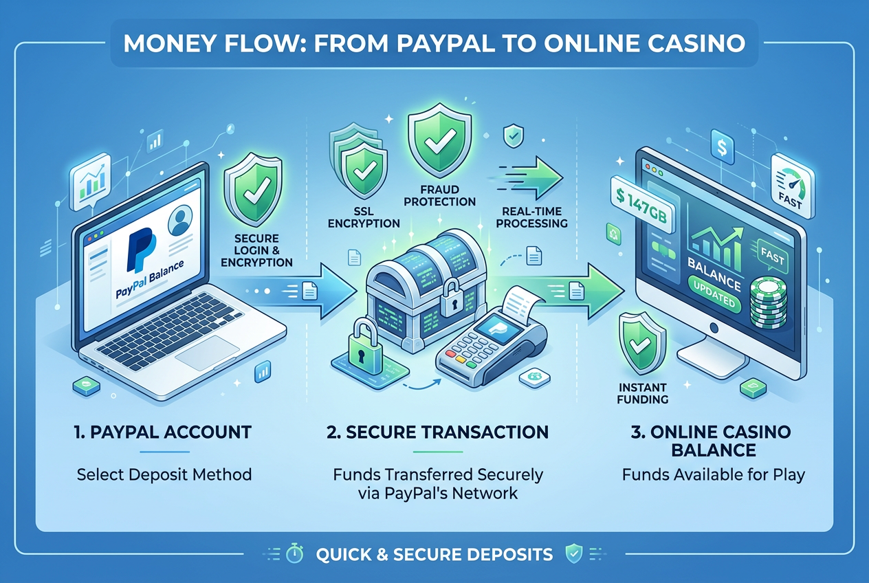 Infografika przedstawiająca bezpieczny przepływ środków z PayPal do kasyna online