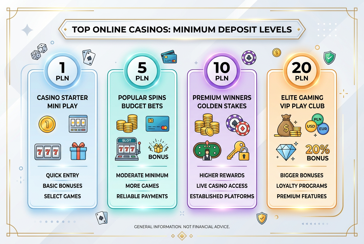 Infografika przedstawiająca ranking kasyn z niskimi wpłatami 1zł 5zł 10zł 20zł