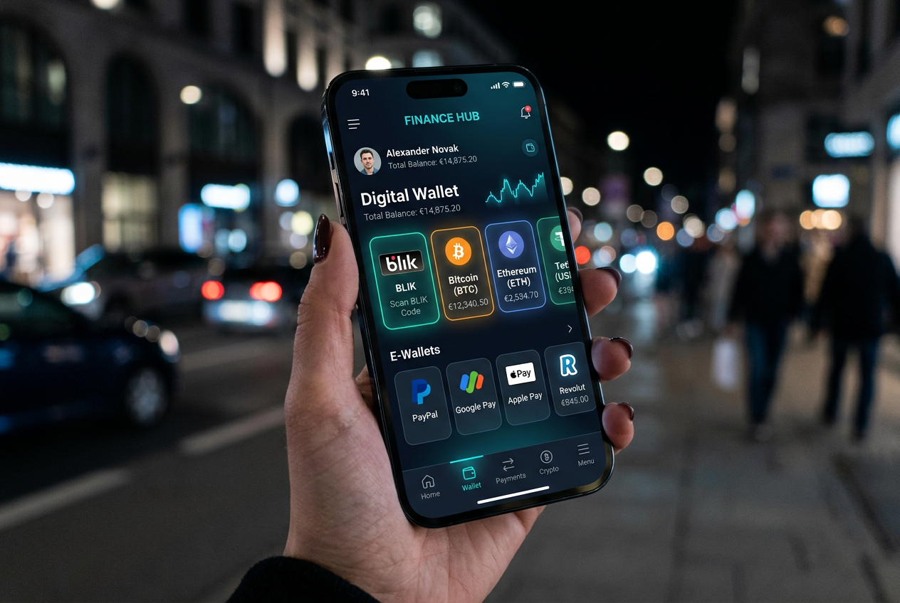 Smartfon wyświetlający interfejs błyskawicznych płatności mobilnych i kryptowalutowych w kasynie