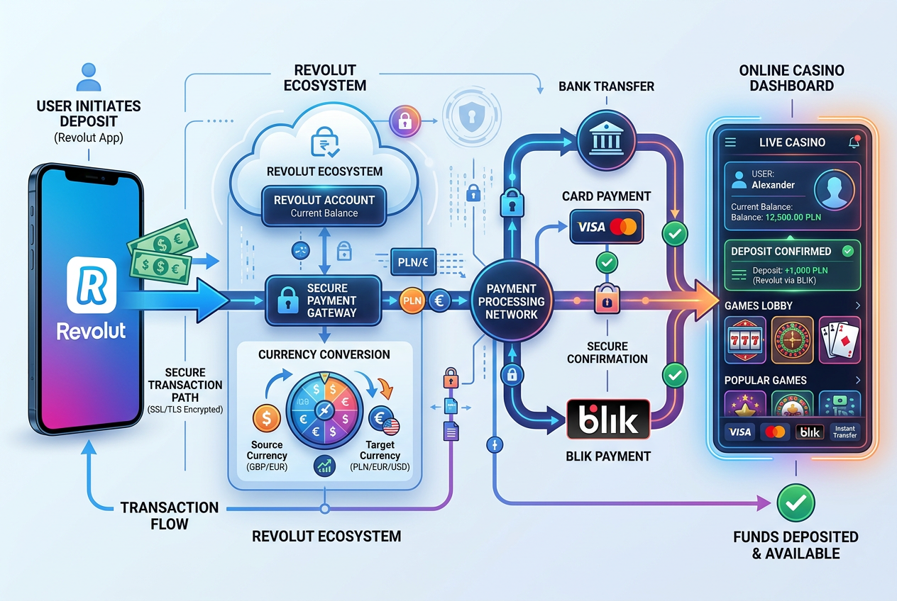 Infografika przedstawiająca procesowanie płatności Revolut w kasynie online
