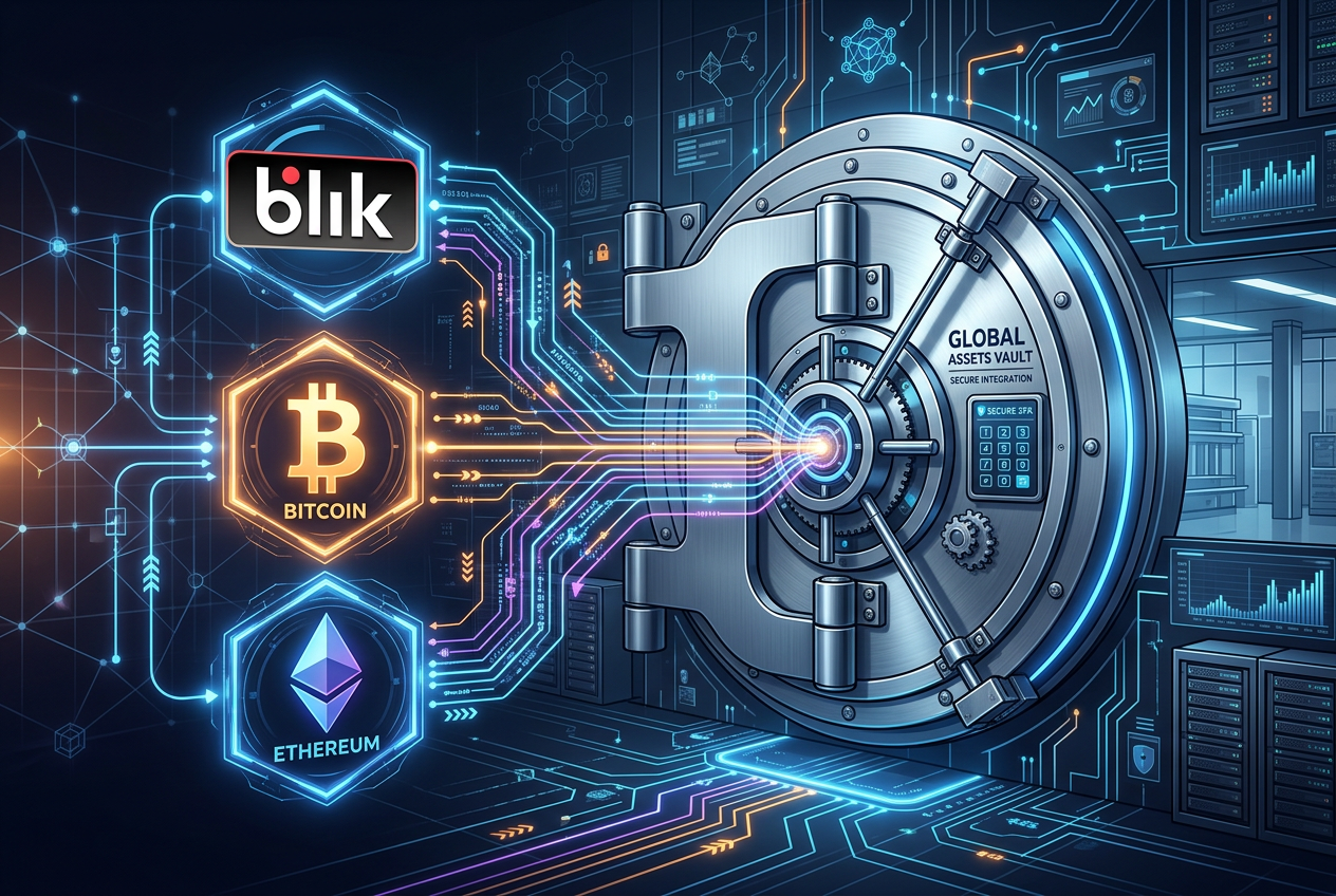 Ilustracja przedstawiająca bezpieczne metody płatności w kasynach online z logo BLIK i symbolami kryptowalut