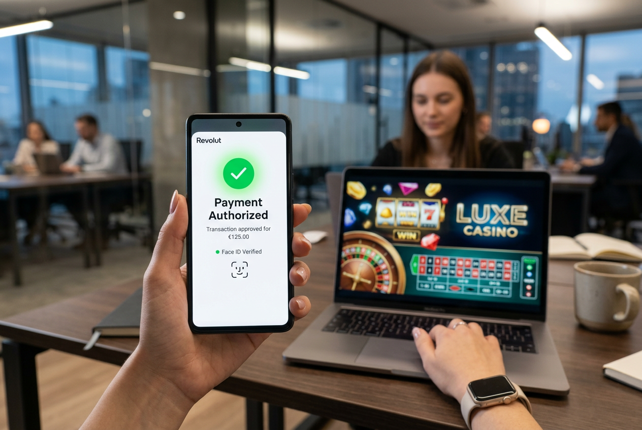 Bezpieczna autoryzacja płatności Revolut na smartfonie w nowoczesnym biurze