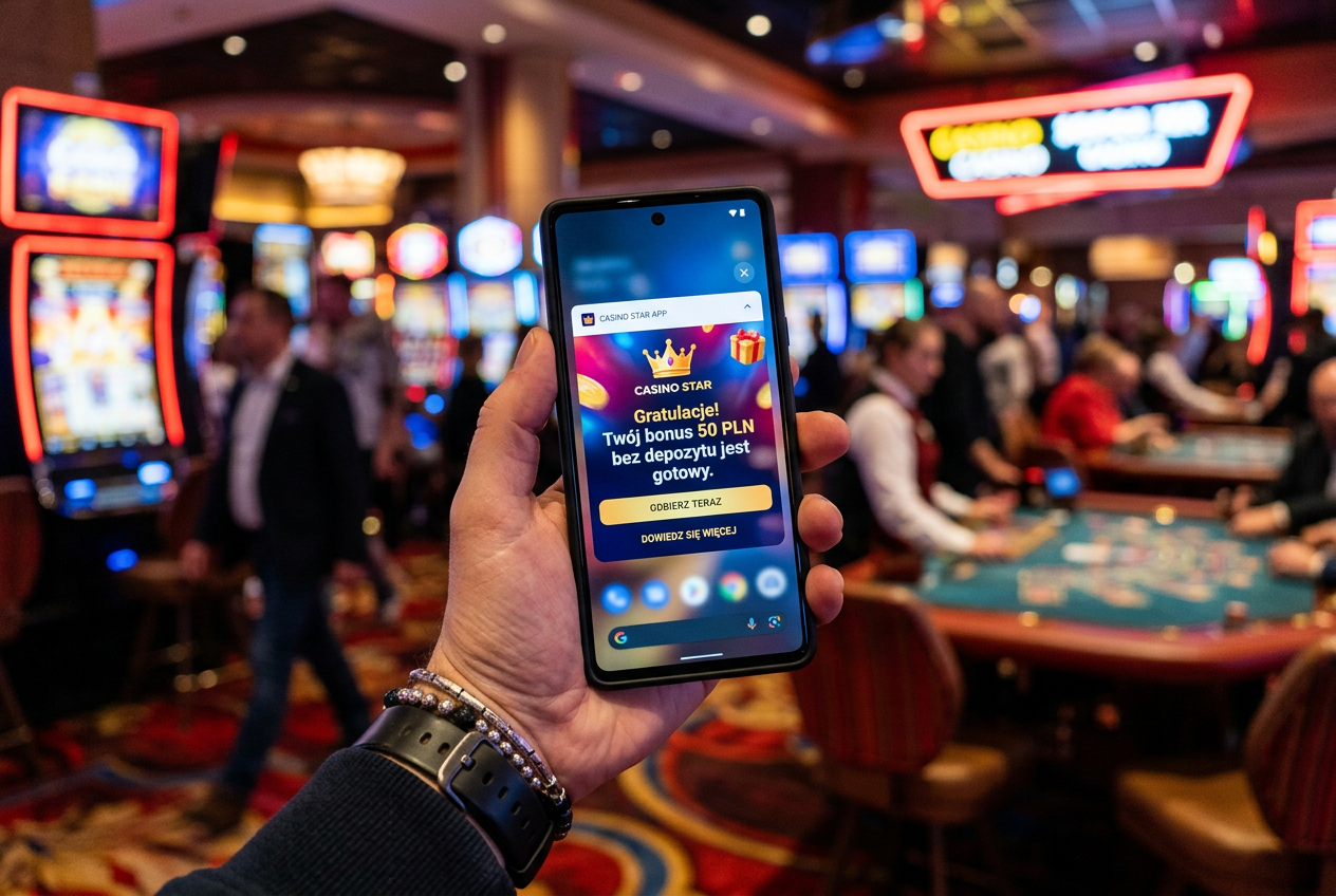 Smartphone displaying a casino bonus notification of 50 PLN