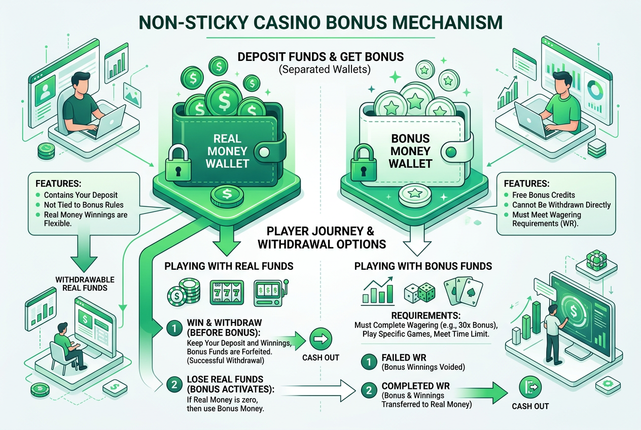 Infografika przedstawiająca mechanizm bonusu non-sticky z podziałem na saldo gotówkowe i bonusowe
